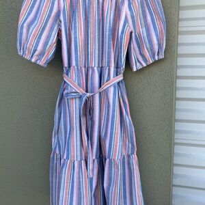 harlow & rose red wht bl Stripes on or off shoulder puff sleeve Peasant Dress M